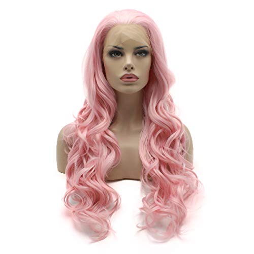Lushy Wavy Long 26inch Pink Heavy Density Heat Resistant Realistic Synthetic Lace Front Wig