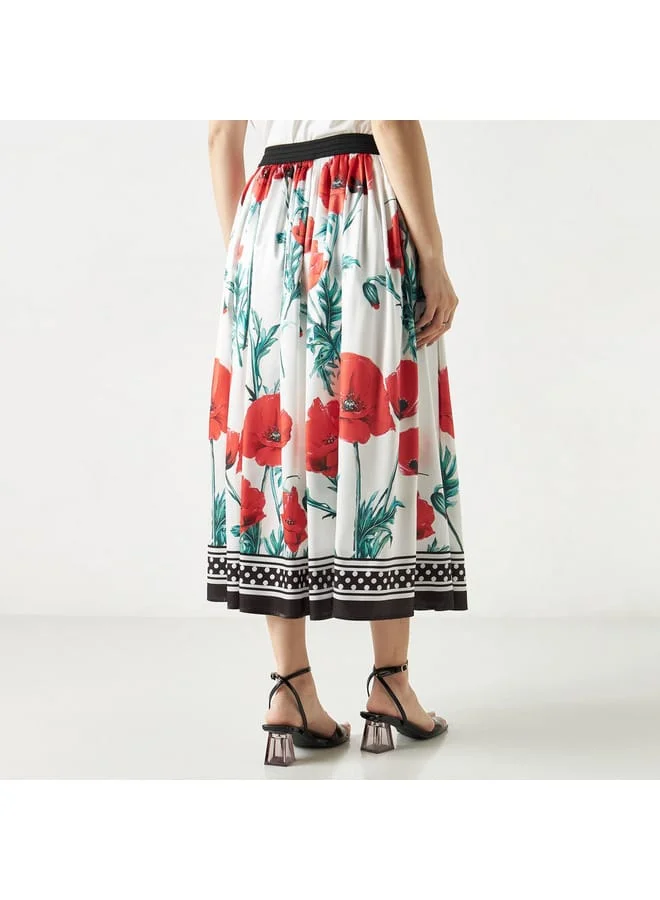 2Xtremz 2Xtremz All-Over Floral Print Midi A-line Skirt with Elasticated Waistband