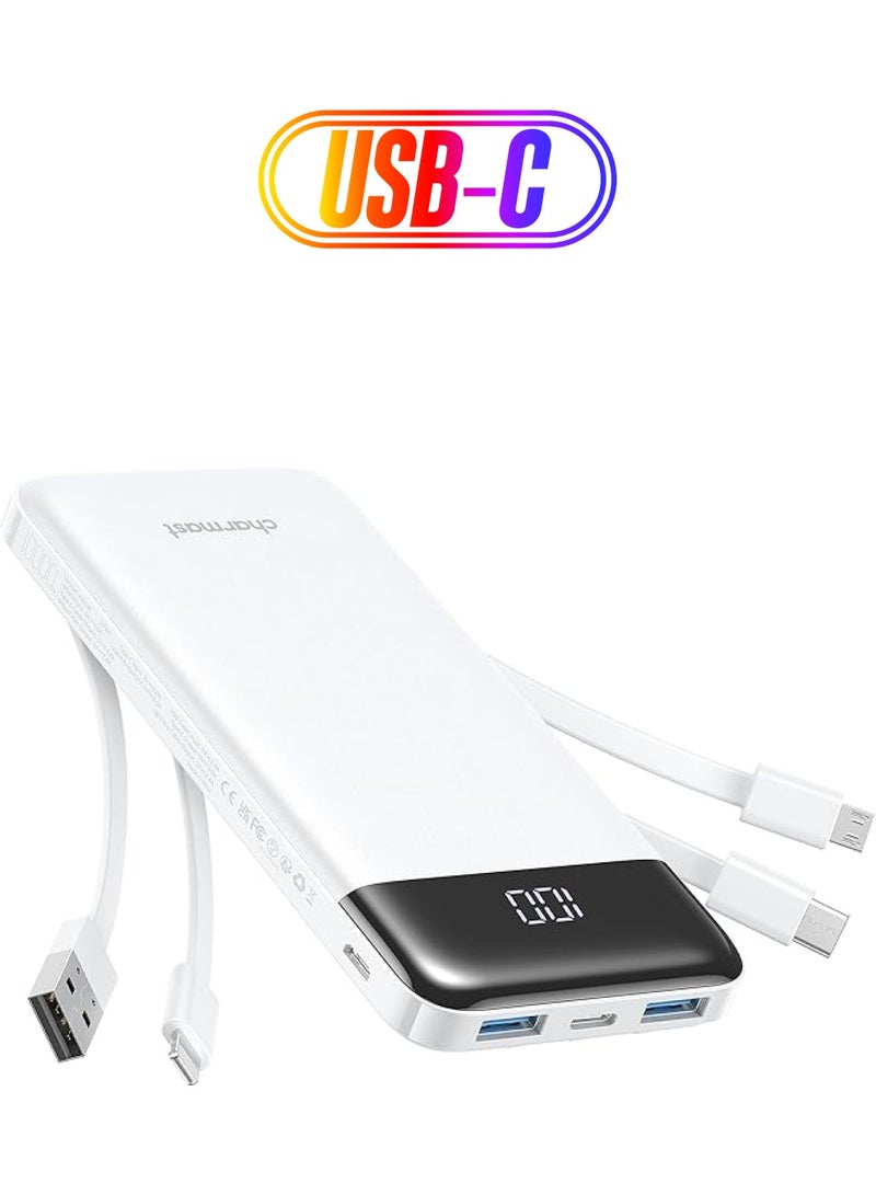 Charmast Power Bank with Built in Cable, 10000mAh USB C Battery Pack 6 Outputs 2 Inputs with LED Display Type C Powerbank Portable Charger Compatible with Smartphones Tablets and More-White - Image 1