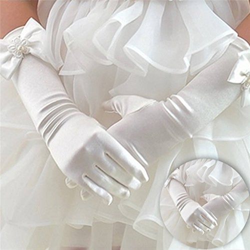 DreamHigh Kids Stretch Satin Long Finger Gloves for Flower Girl Children Party White - Image 3