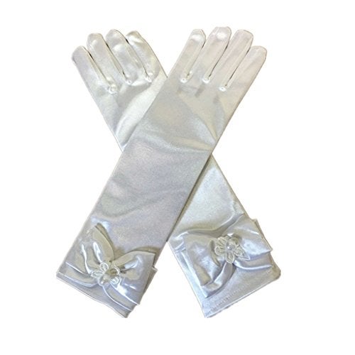 DreamHigh Kids Stretch Satin Long Finger Gloves for Flower Girl Children Party White - Image 1