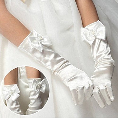 DreamHigh Kids Stretch Satin Long Finger Gloves for Flower Girl Children Party White - Image 4