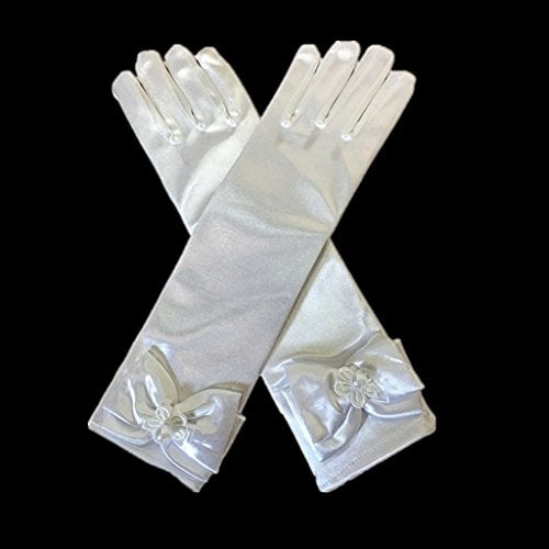 DreamHigh Kids Stretch Satin Long Finger Gloves for Flower Girl Children Party White - Image 5