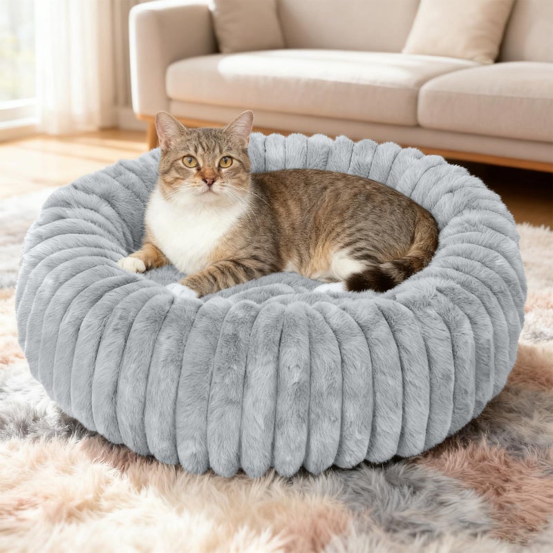 Wn's Day Washable Small Cat Dog Bed,Calming Anti Anxiety Round Donut Dog Bed,Cute Kitten Cat Beds for Indoor Cats,Fluffy Puppy Dogs Beds for Small Dogs, Anti-Slip Comfort Pet Bed(Grey,S) - Image 1