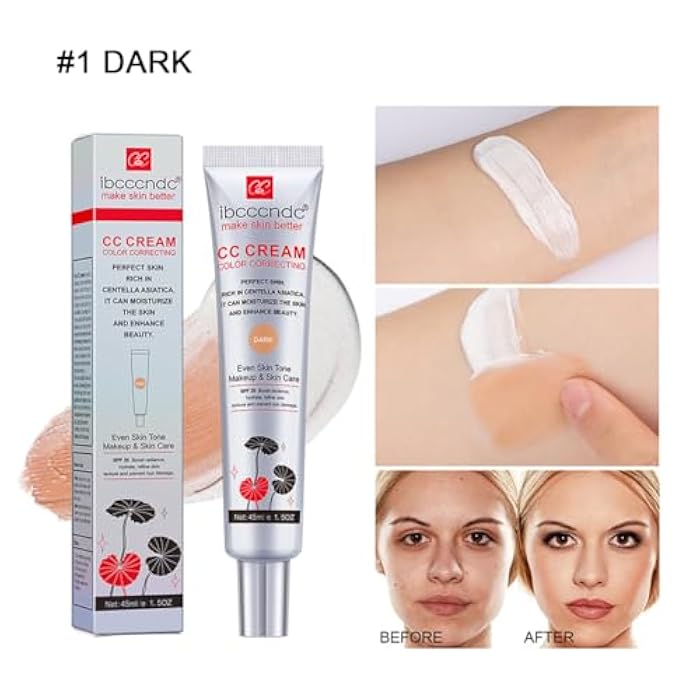 WFWJ كريم تصحيح اللون CC مع SPF 25، أساس تغطية كاملة، سيروم مرطب، تحسين نسيج البشرة، تجنب أضرار الشمس (داكن، 45 مل) - Image 2
