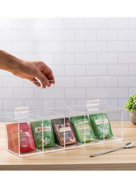 Modern Clear Premium Acrylic Tea Bag Organizer Box with 5 Compartments and Hinged Lid, Kitchen Countertop Storage Caddy for Assorted Teas and Condiments