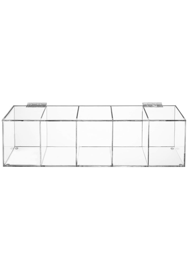 Modern Clear Premium Acrylic Tea Bag Organizer Box with 5 Compartments and Hinged Lid, Kitchen Countertop Storage Caddy for Assorted Teas and Condiments