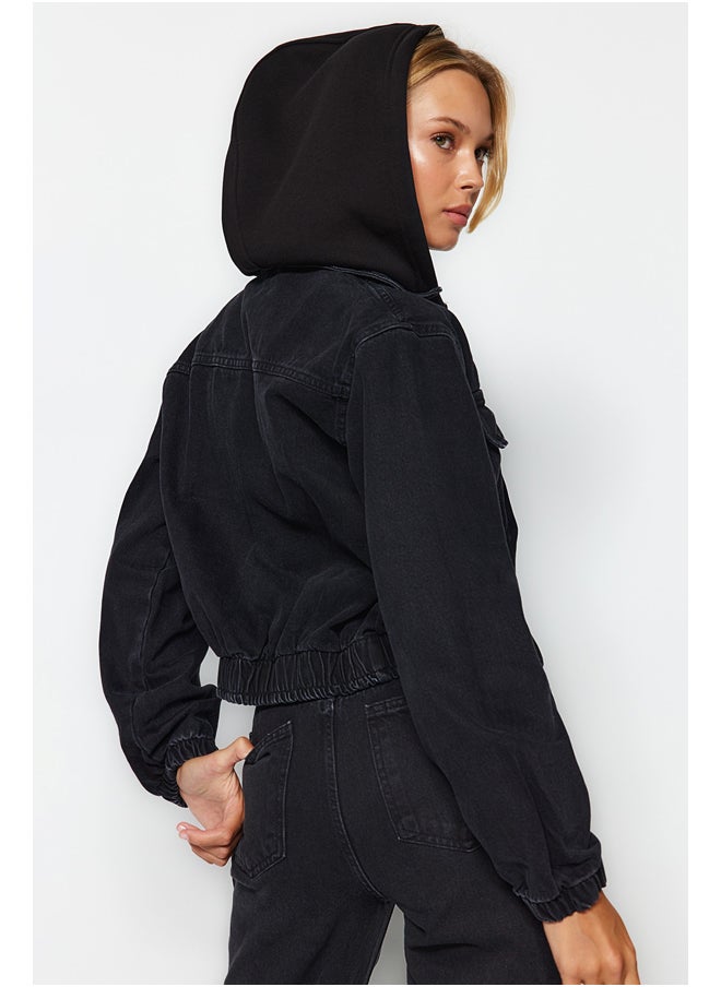 trendyol - Black Knitted Hooded Bomber Denim Jacket TWOAW24CE00039 - Image 1