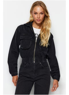 Black Knitted Hooded Bomber Denim Jacket TWOAW24CE00039