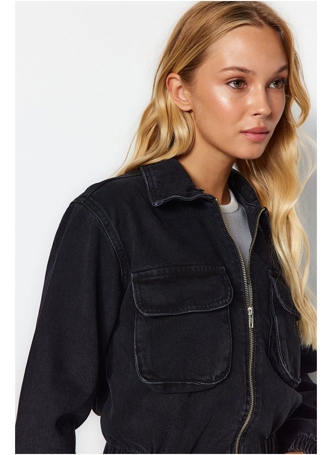 trendyol - Black Knitted Hooded Bomber Denim Jacket TWOAW24CE00039 - Image 1
