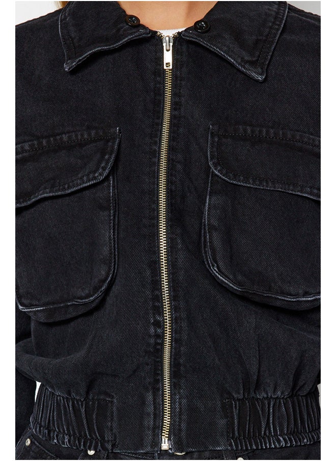 trendyol - Black Knitted Hooded Bomber Denim Jacket TWOAW24CE00039 - Image 1