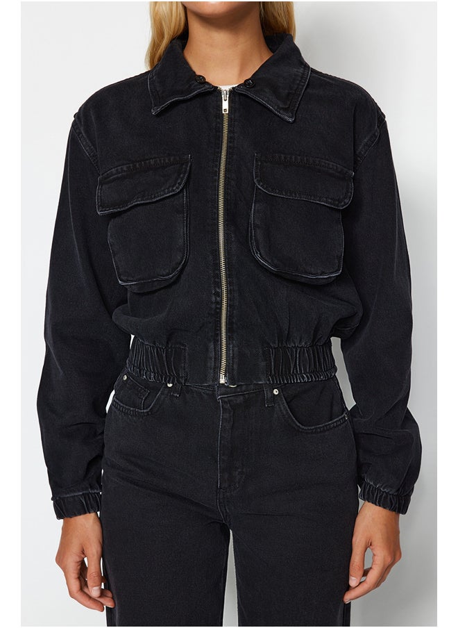 trendyol - Black Knitted Hooded Bomber Denim Jacket TWOAW24CE00039 - Image 1