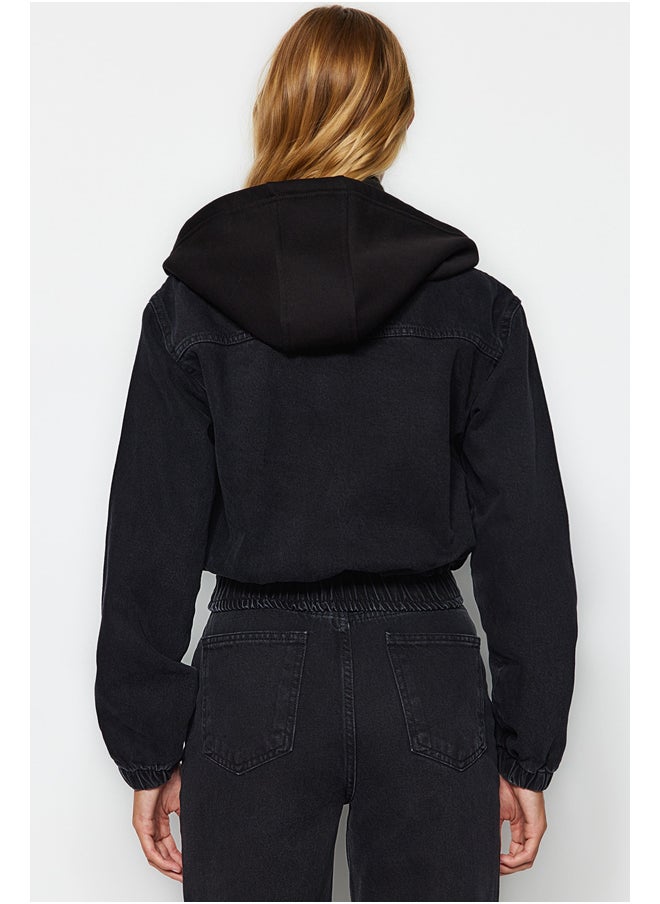 trendyol - Black Knitted Hooded Bomber Denim Jacket TWOAW24CE00039 - Image 1