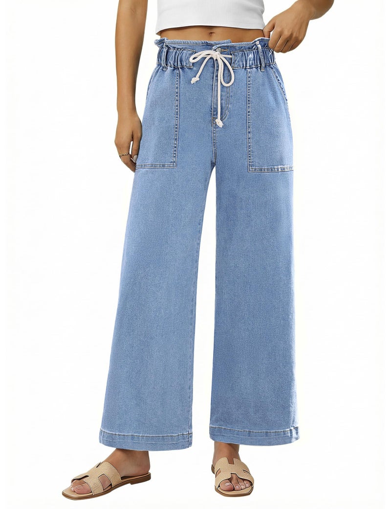 luvamia Womens Wide Leg Pants Denim Jeans for Women Womens Denim Jeans Paperbag Soft Blue Size Large Fits US 12-14 - Image 1