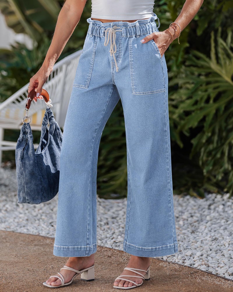 luvamia Womens Wide Leg Pants Denim Jeans for Women Womens Denim Jeans Paperbag Soft Blue Size Large Fits US 12-14 - Image 2