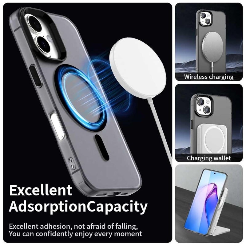Elzzi Translucent Matte Back Cover for iPhone 16 Plus Case, Shockproof Anti-Fingerprint Phone Cover with Magnetic Wireless Charging, MagSafe Compatible Protective Case for Men & Women (Black) - Image 2