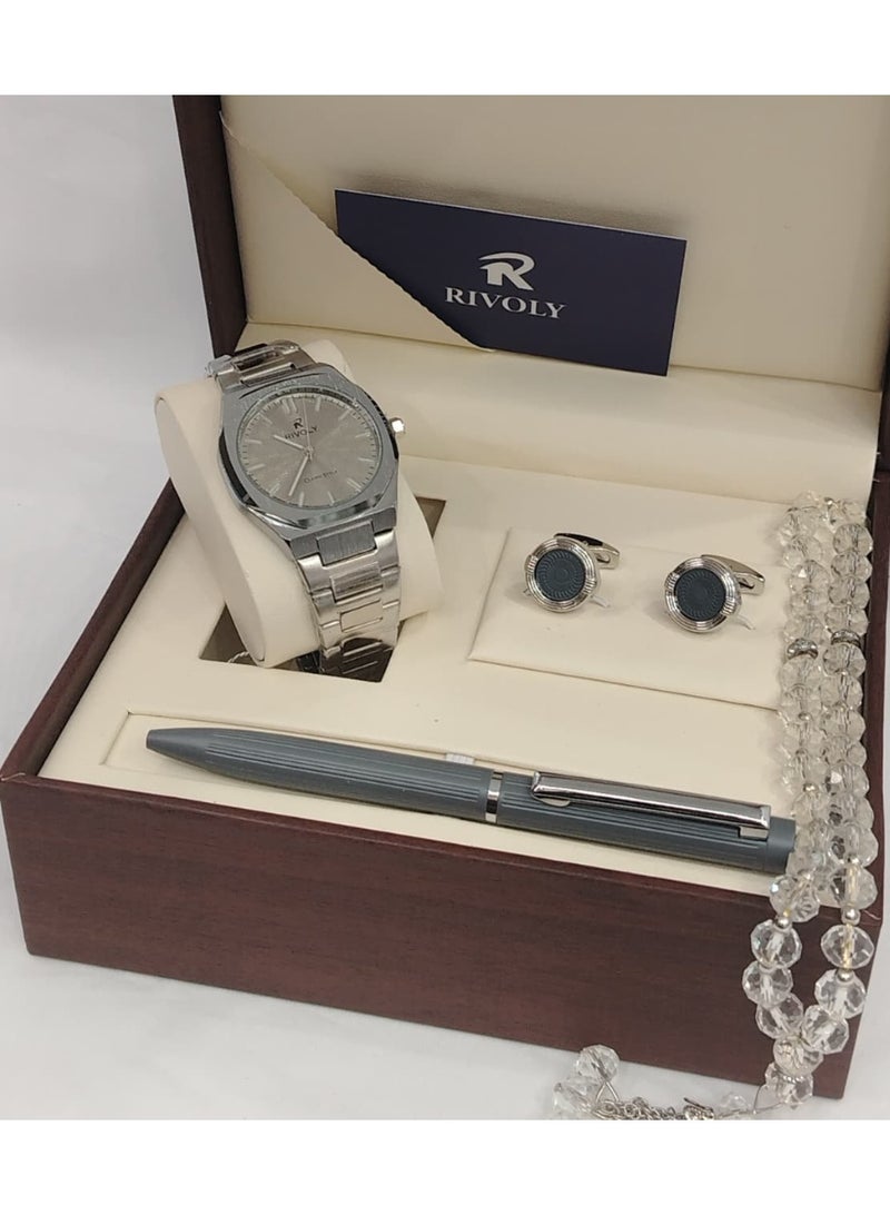 Rivoli Men's Gift Set includes a wristwatch, pen, cufflinks, and crystal rosary.