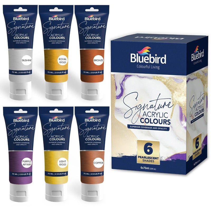 BLUEBIRD Signature Metallic Acrylic Paint Set Pearlescent Colors 6Pack 25 Fl Oz each Professional Acrylic Paints For Professionals Adults Artists