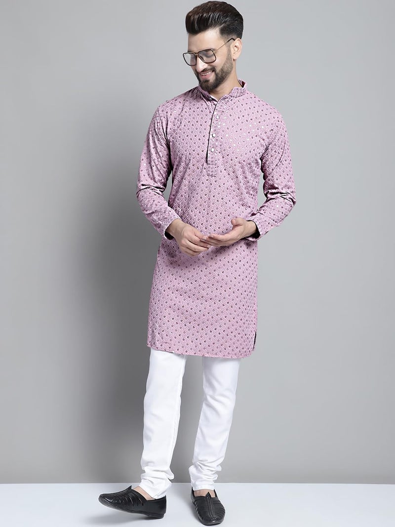 Jompers Men's Chikankari Embroidered and Sequence Kurtas (Light-Purple, S) - Image 4