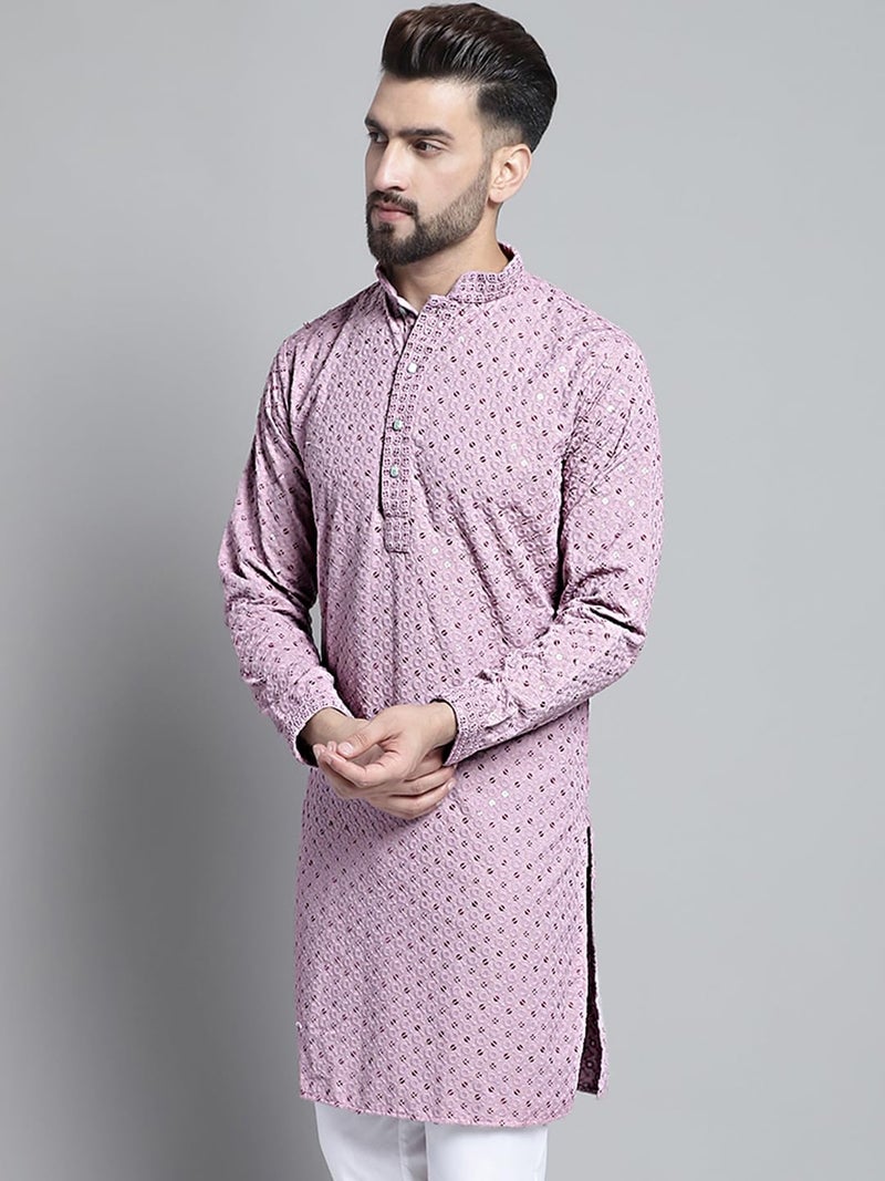Jompers Men's Chikankari Embroidered and Sequence Kurtas (Light-Purple, S) - Image 3