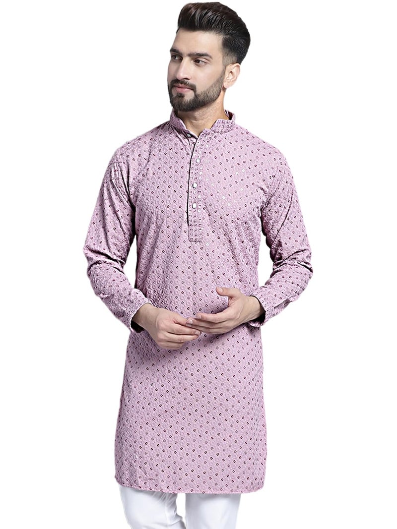 Jompers Men's Chikankari Embroidered and Sequence Kurtas (Light-Purple, S) - Image 1