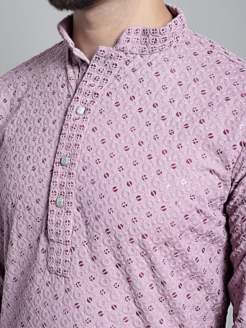 Jompers Men's Chikankari Embroidered and Sequence Kurtas (Light-Purple, S) - Image 5