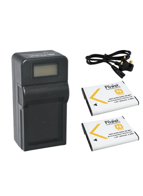 DMK Power 2 x NP-BN1 800mAh Rechargeable Battery and TC1000 LCD Charger Compatible with Sony DSC-QX10, DSC-QX30, DSC-QX100, DSC-TX100V, DSC-TX200V,...