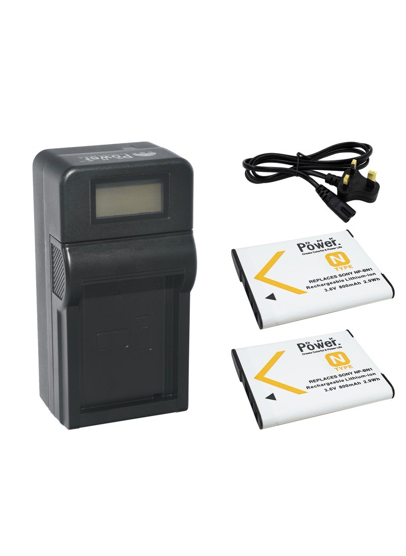 DMK Power 2 x NP-BN1 800mAh Rechargeable Battery and TC1000 LCD Charger Compatible with Sony DSC-QX10, DSC-QX30, DSC-QX100, DSC-TX100V, DSC-TX200V,...