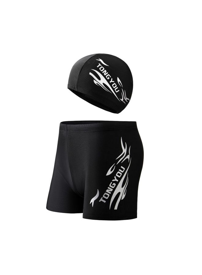Men's Swimming Goggles Swimming Cap Set Equipment Swimming Trunks Men's Boxer Hot Spring Pants Large Size Loose Swimwear Men's Adult Swimwear-Color:Grey (swimming Trunks + Swimming Cap)-
