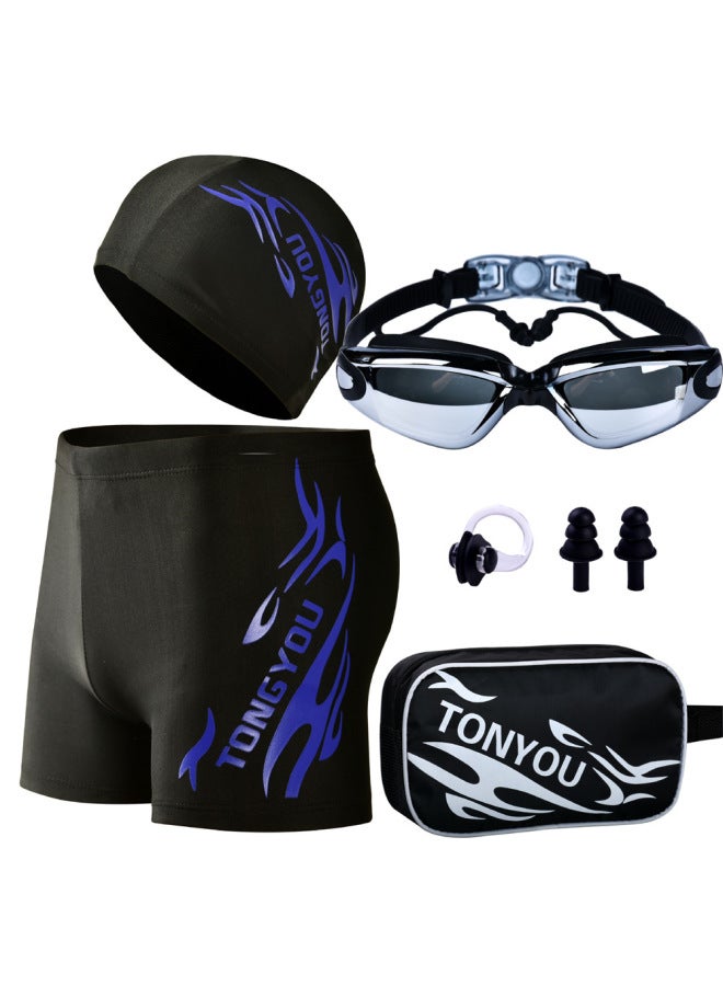 Men's Swimming Goggles Swimming Cap Set Equipment Swimming Trunks Men's Boxer Hot Spring Pants Large Size Loose Swimwear Men's Adult Swimwear-Color:Grey (swimming Trunks + Swimming Cap)-