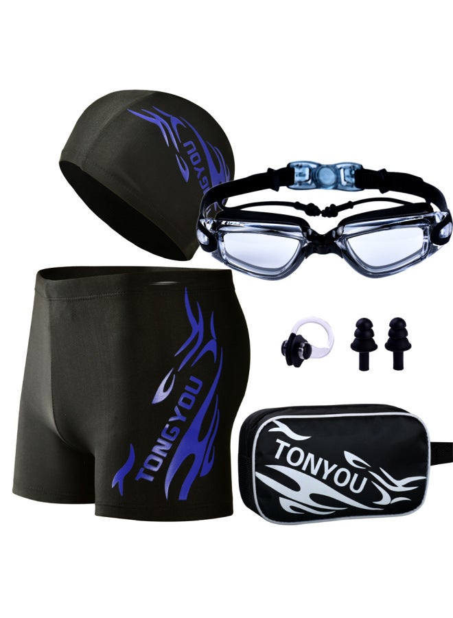 Men's Swimming Goggles Swimming Cap Set Equipment Swimming Trunks Men's Boxer Hot Spring Pants Large Size Loose Swimwear Men's Adult Swimwear-Color:Grey (swimming Trunks + Swimming Cap)-