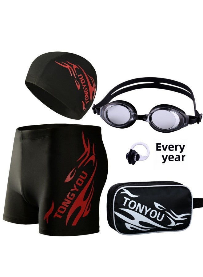 Men's Swimming Goggles Swimming Cap Set Equipment Swimming Trunks Men's Boxer Hot Spring Pants Large Size Loose Swimwear Men's Adult Swimwear-Color:Grey (swimming Trunks + Swimming Cap)-