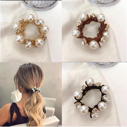 Frescorr (3 pcs) Luxury Pearl & Crystal RhineStone scrunchies for Women | Girls | Pack of 3 | Rubber Band | Hair Ties | Ponytail Holders | Imitation Pearl Hair Accessories - Image 5