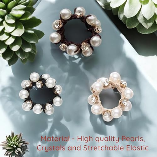Frescorr (3 pcs) Luxury Pearl & Crystal RhineStone scrunchies for Women | Girls | Pack of 3 | Rubber Band | Hair Ties | Ponytail Holders | Imitation Pearl Hair Accessories - Image 2