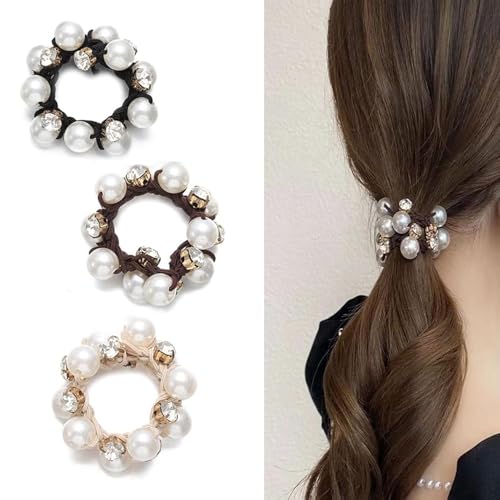 Frescorr (3 pcs) Luxury Pearl & Crystal RhineStone scrunchies for Women | Girls | Pack of 3 | Rubber Band | Hair Ties | Ponytail Holders | Imitation Pearl Hair Accessories - Image 1