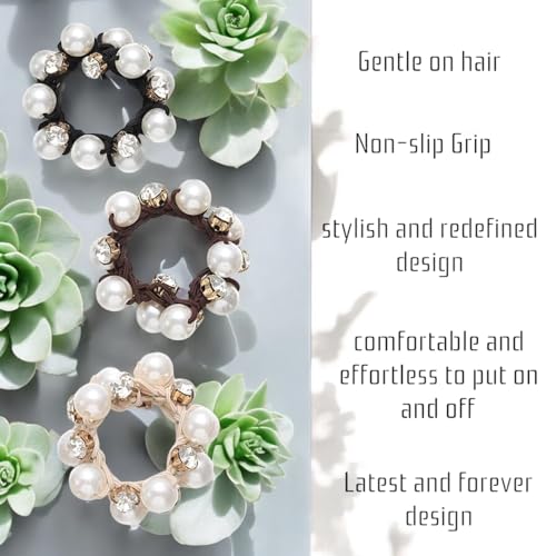 Frescorr (3 pcs) Luxury Pearl & Crystal RhineStone scrunchies for Women | Girls | Pack of 3 | Rubber Band | Hair Ties | Ponytail Holders | Imitation Pearl Hair Accessories - Image 4