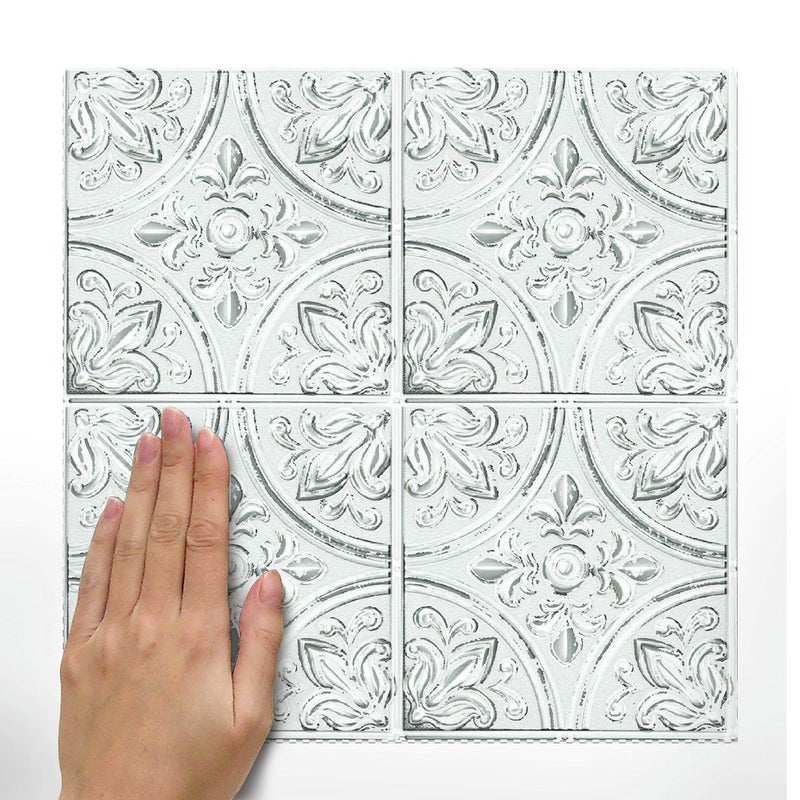 RoomMates TIL4623FLT StickTiles White Tin Peel and Stick Tile Backsplash, 10.5 inch x 10.5 inch, 4 Count (Pack of 1) - Image 2