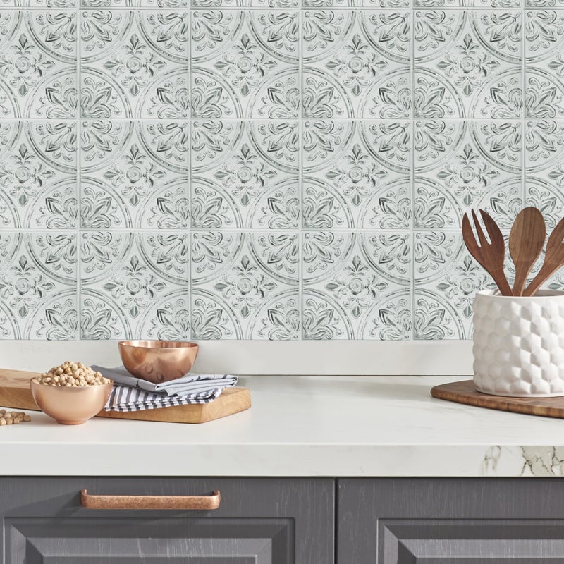 RoomMates TIL4623FLT StickTiles White Tin Peel and Stick Tile Backsplash, 10.5 inch x 10.5 inch, 4 Count (Pack of 1) - Image 1