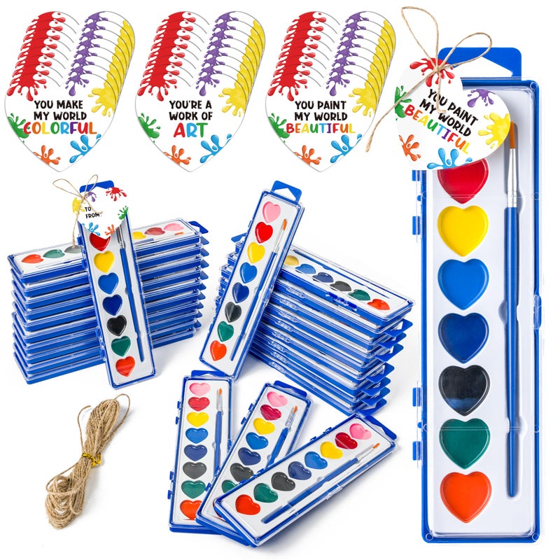 CPicdn Valentineâ€™s Day Gift Watercolor Kids Card Set, 8 Color Watercolor Paint, 24 Pack Bulk Washable Paint Set with Brush for Kids Adult, School Classroom Supplies Party Favors Valentines Gifts - Image 1