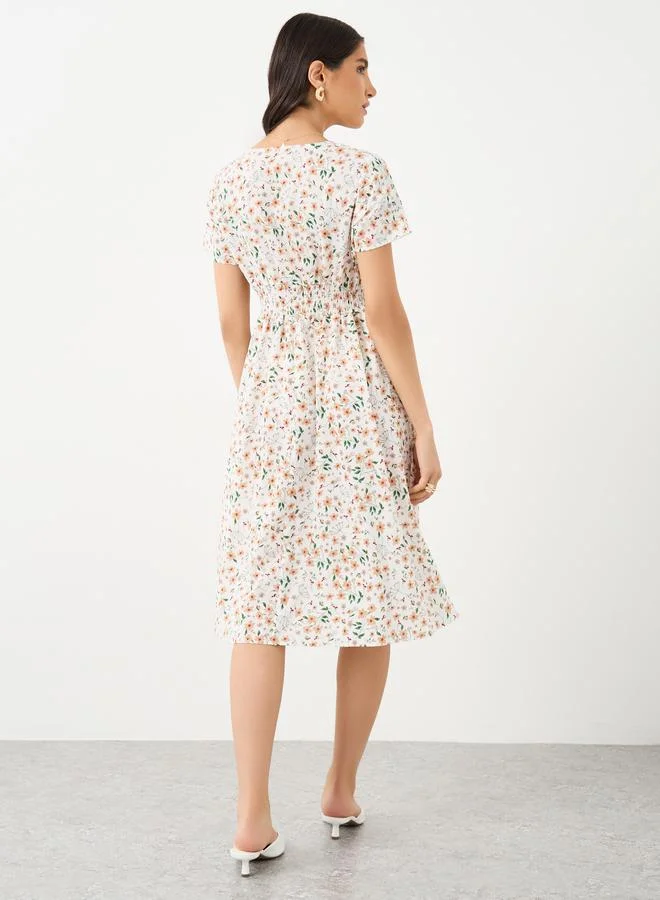 Take Two Take Two Floral Print V-Neck Short Sleeve Midi Dress