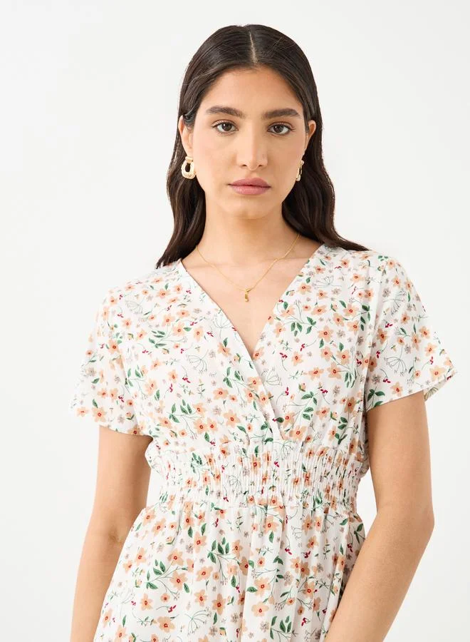 Take Two Take Two Floral Print V-Neck Short Sleeve Midi Dress