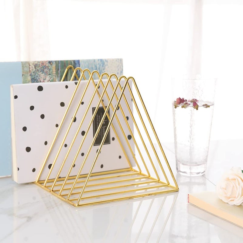 Sooyee 9 Slot Gold Magazine Holder,Desktop File Sorter Organizer Triangle Bookshelf Decor Home Office - Image 3