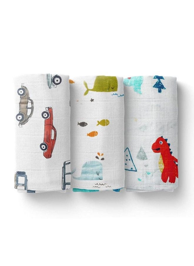 MOM'S HOME Organic Cotton Baby Muslin Swaddle Combo ; Car Blue Whale Dinopark ; 100X100 Cm ; 0 12 Months ; Multicolor ; Pack Of 3; Lightweight  - Image 1