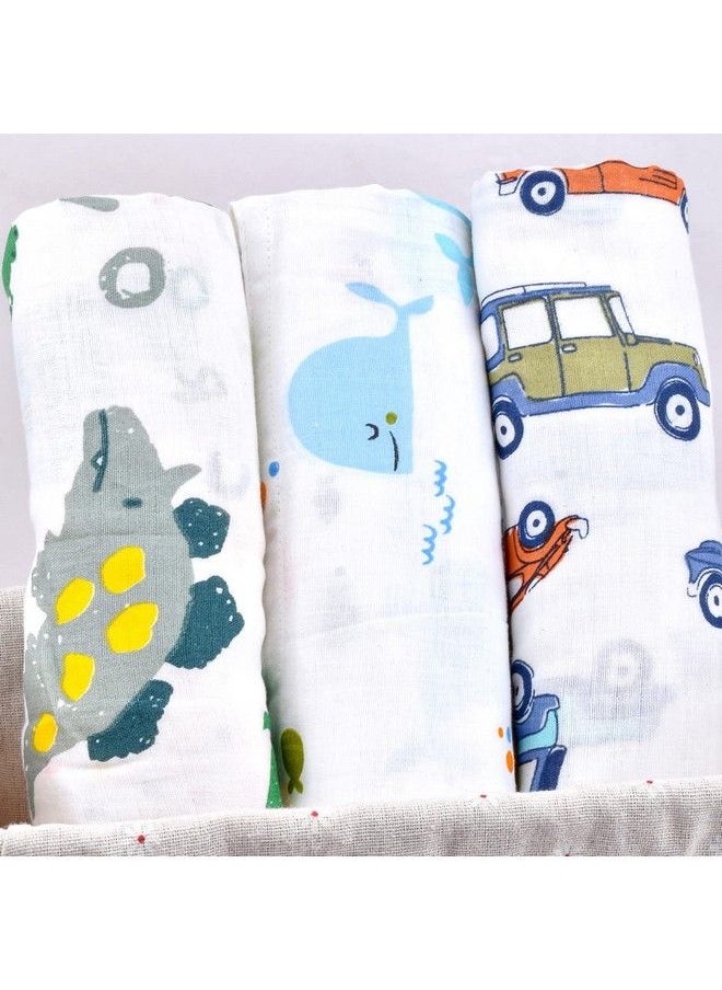MOM'S HOME Organic Cotton Baby Muslin Swaddle Combo ; Car Blue Whale Dinopark ; 100X100 Cm ; 0 12 Months ; Multicolor ; Pack Of 3; Lightweight  - Image 3