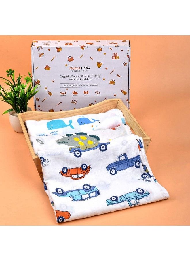 MOM'S HOME Organic Cotton Baby Muslin Swaddle Combo ; Car Blue Whale Dinopark ; 100X100 Cm ; 0 12 Months ; Multicolor ; Pack Of 3; Lightweight  - Image 4