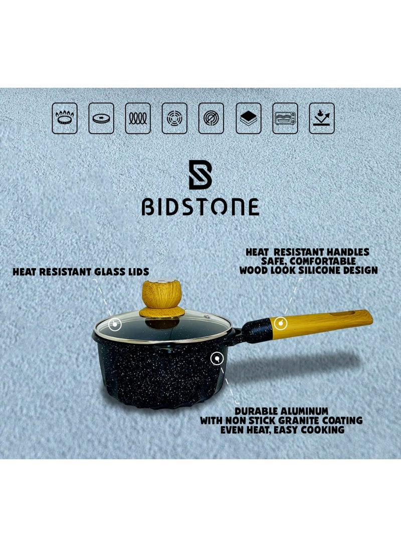 Bidstone 18 cm Non-Stick Black Saucepan (1.5L) – Scratch Resistant, Induction Base, Wooden Handle, PTFE/PFOA-Free – Elegant Black Speckled Design - Image 2
