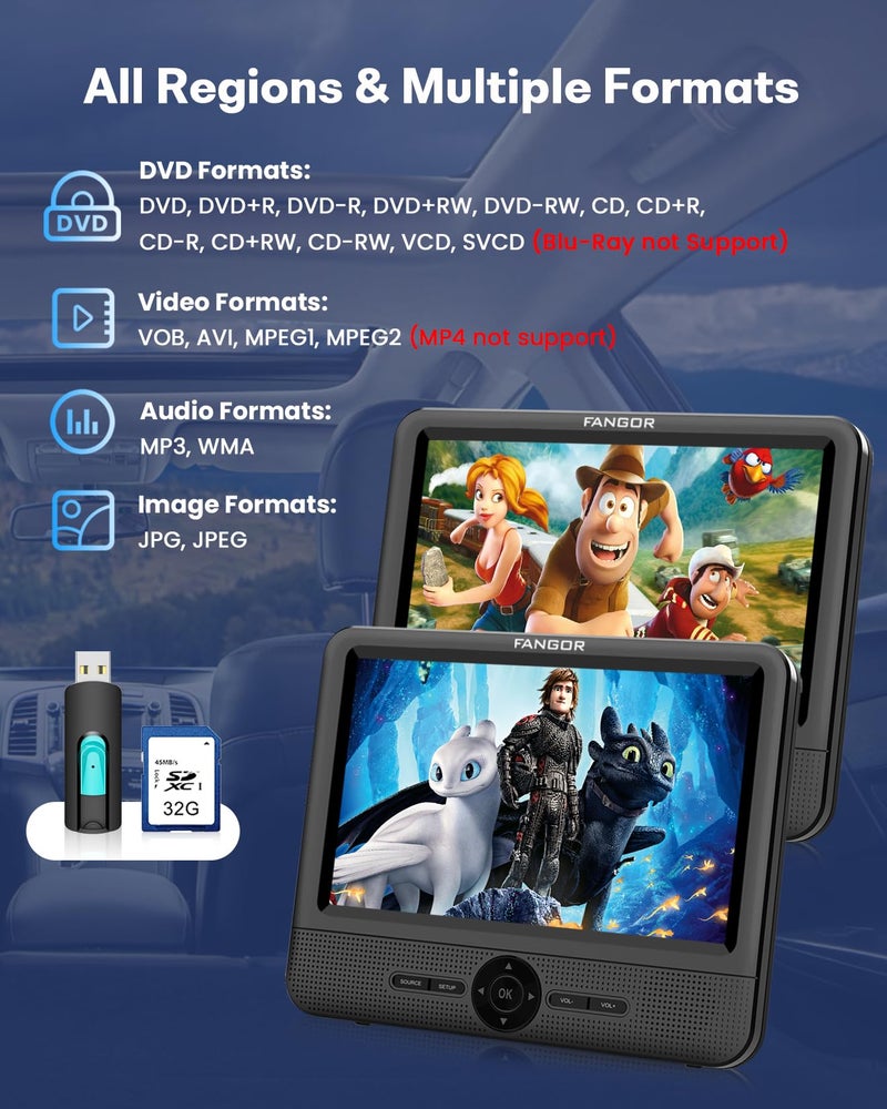 FANGOR مشغل DVD للسيارة بشاشتين مزدوجتين، مشغل DVD FANGOR بحجم 7.5 بوصة للسيارة لتشغيل نفس الفيلم أو فيلمين مختلفين مع أحزمة مسند الرأس، يدعم الذاكرة الأخيرة، AV Out/in، USB/SD Card، جميع المناطق - Image 3