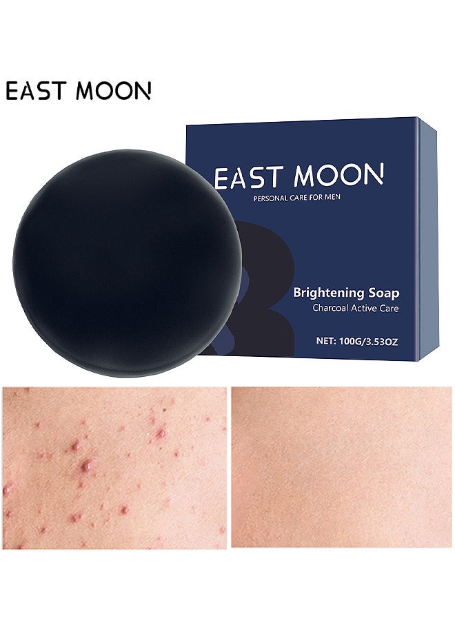 إيست مون صابون مشرق بالفحم للعناية النشطة للرجال ، يتحكم في التصبغ يزيل البقع السوداء ، صابون للعناية بالبشرة للرجال ينظف الوجه والجسم والبشرة لتفتيح ندبات حب الشباب ، صابون منظف متعدد التأثيرات ، 100 جرام - Image 1