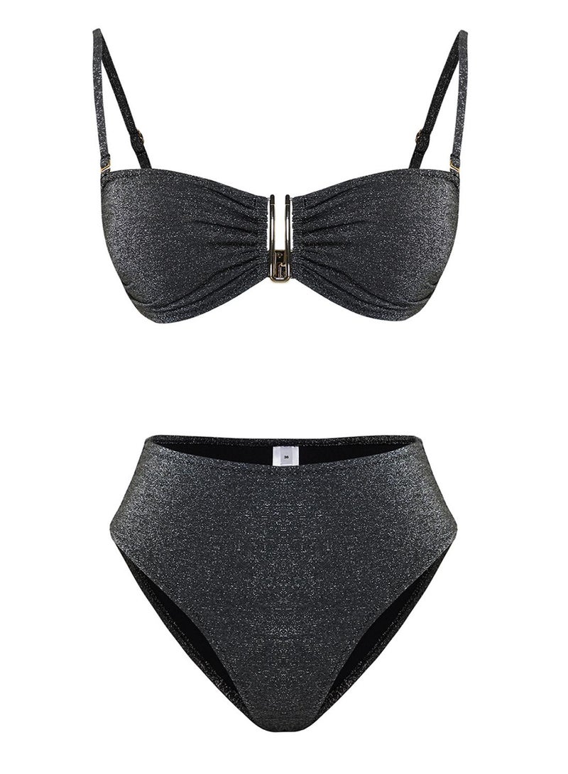 trendyol Black Strapless Accessorized Glittery Brazilian Bikini Set - Image 5