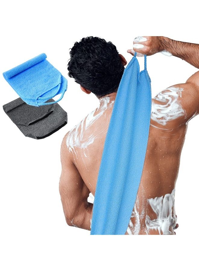 Tatuo فرشاة فرك الظهر للاستحمام قماش فرك مقشر قماش ظهر طول ممتد منشفة نايلون قابلة للتمدد حزام سحب قماش للاستحمام فرك الجسم 2 عبوة (رمادي، أزرق) - Image 1